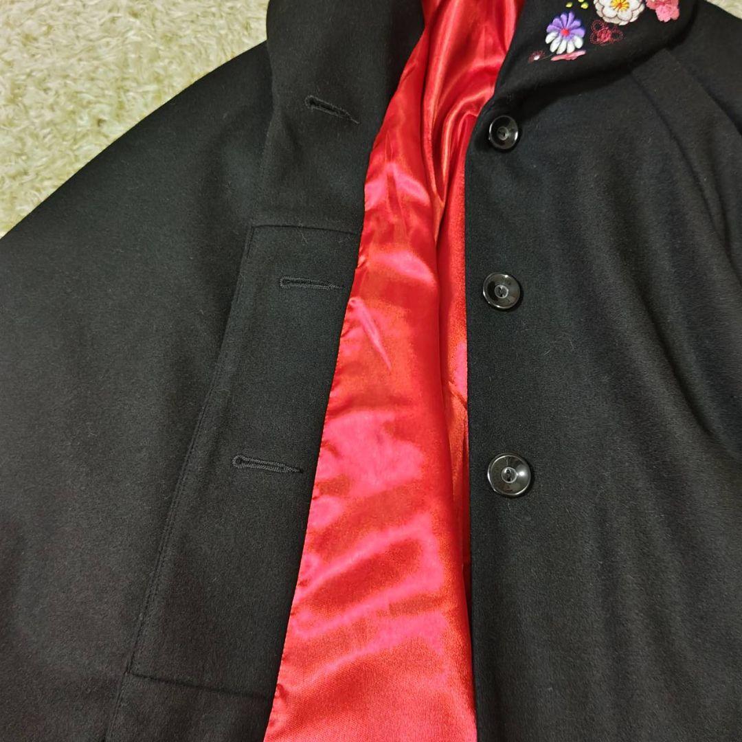 ウールポンチョ ケープ 羽織り 花刺繍 和装 着物　黒い刺繍　ポンチョ・ケープ