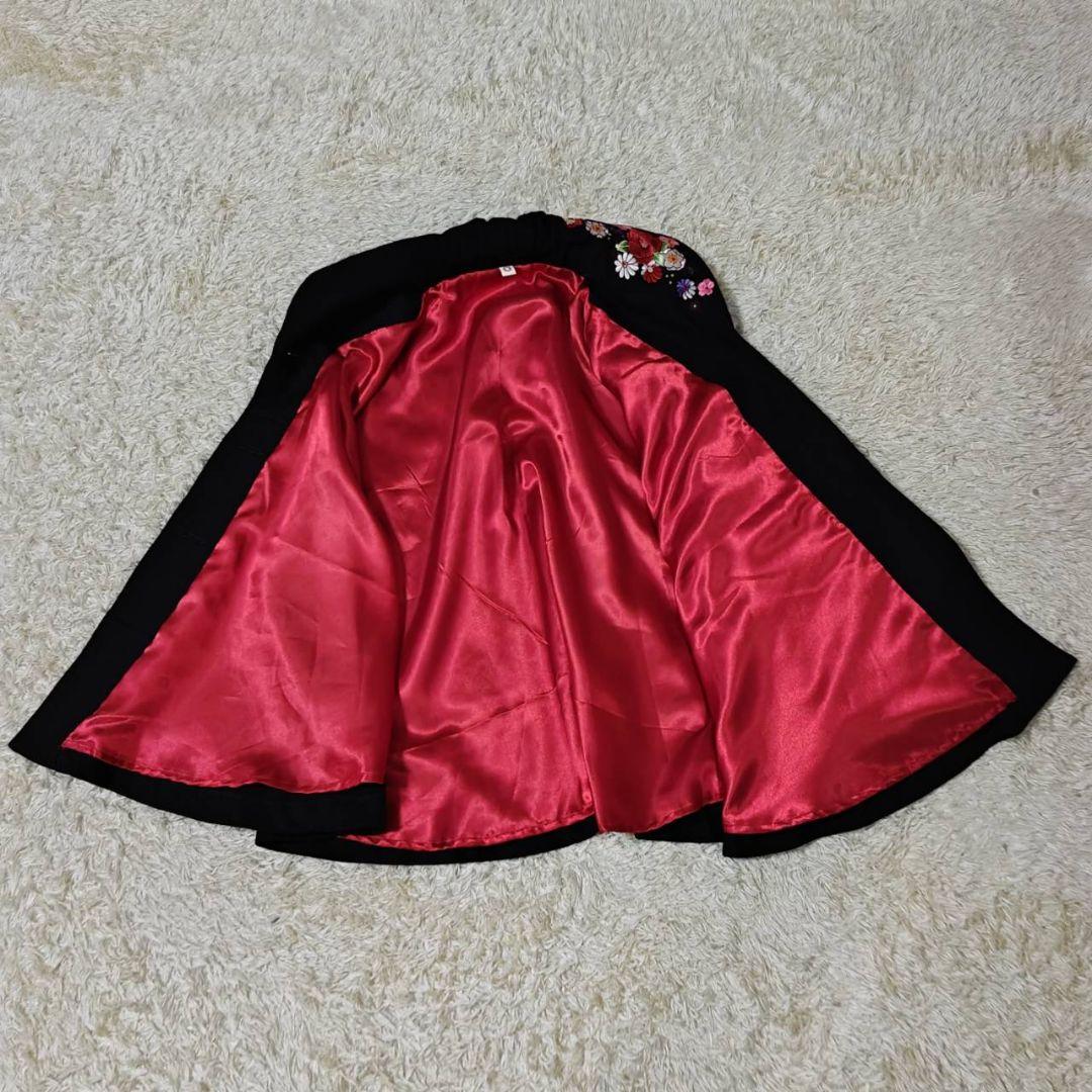 ウールポンチョ ケープ 羽織り 花刺繍 和装 着物　黒い刺繍　ポンチョ・ケープ