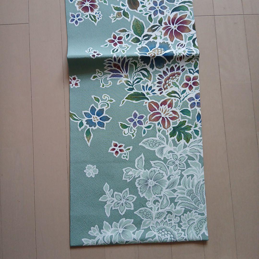 美品　名古屋帯 　緑色　 花柄