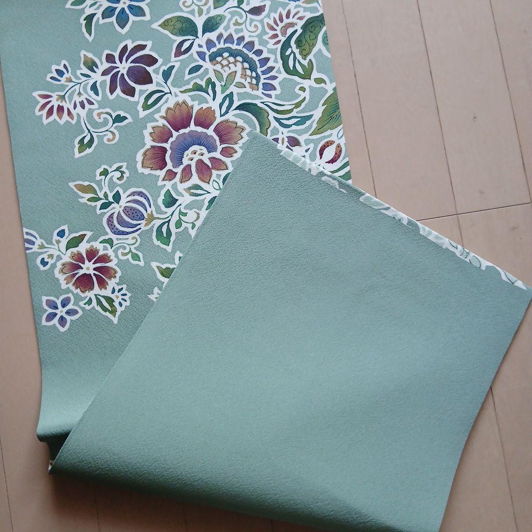 美品　名古屋帯 　緑色　 花柄