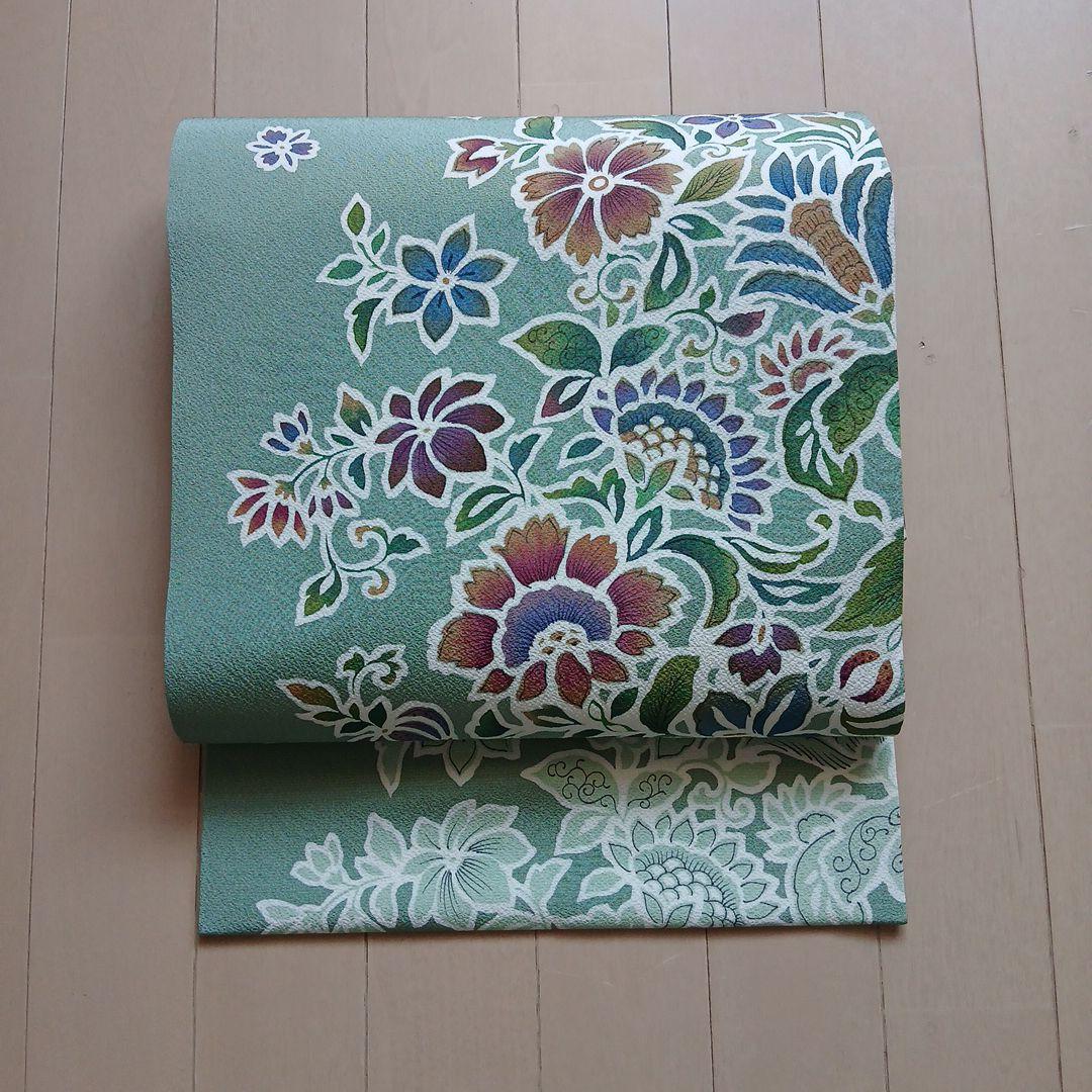 美品　名古屋帯 　緑色　 花柄
