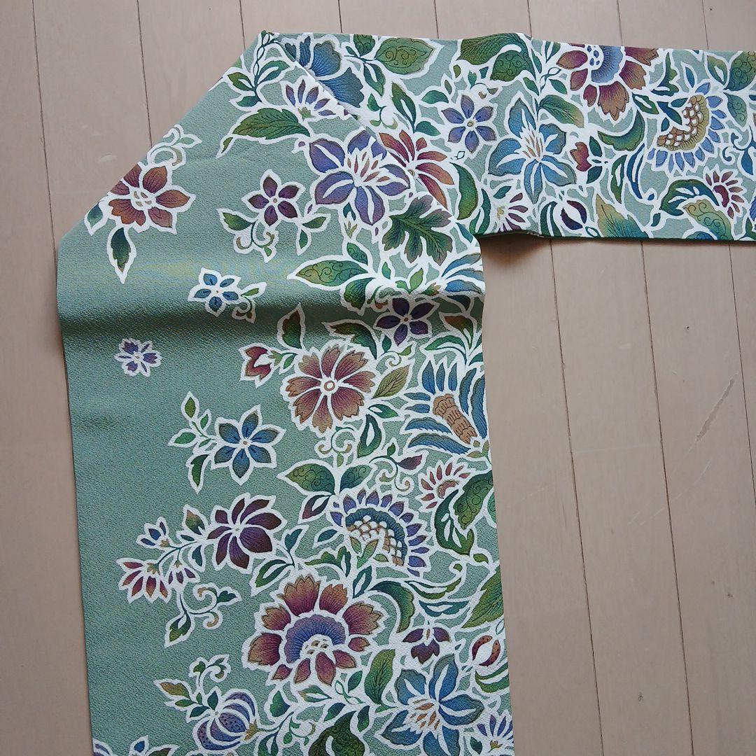 美品　名古屋帯 　緑色　 花柄