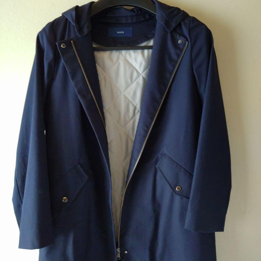 【美品】SHIPS ネイビー フード付きトレンチコート