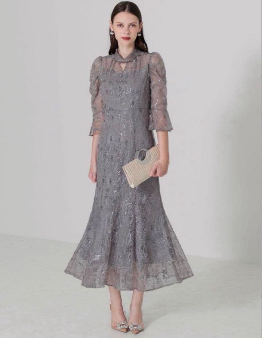 leja スパンコール花柄パフスリーブマーメイドワンピースドレス　結婚式