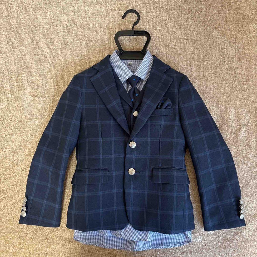 ネイビー チェック柄 男の子 ブレザーとハーフパンツ スーツセット 120cm