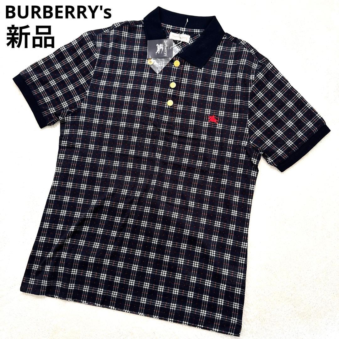 新品未使用 バーバリーズ ポロシャツ 金ボタン ノバチェック ネイビー 収縮性