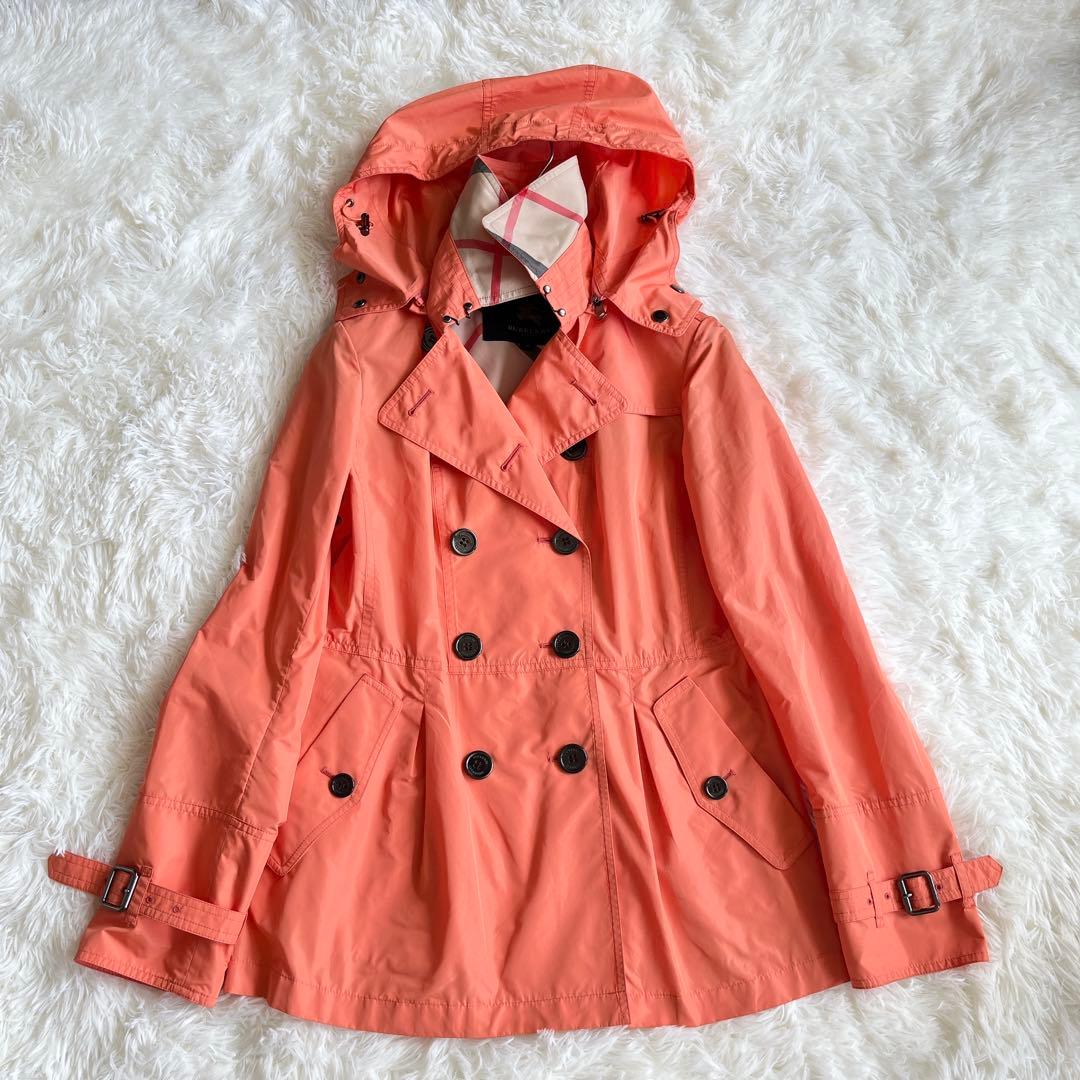 極美品　バーバリー　撥水加工　オレンジ　多機能ハーフコート　ベルト　フード