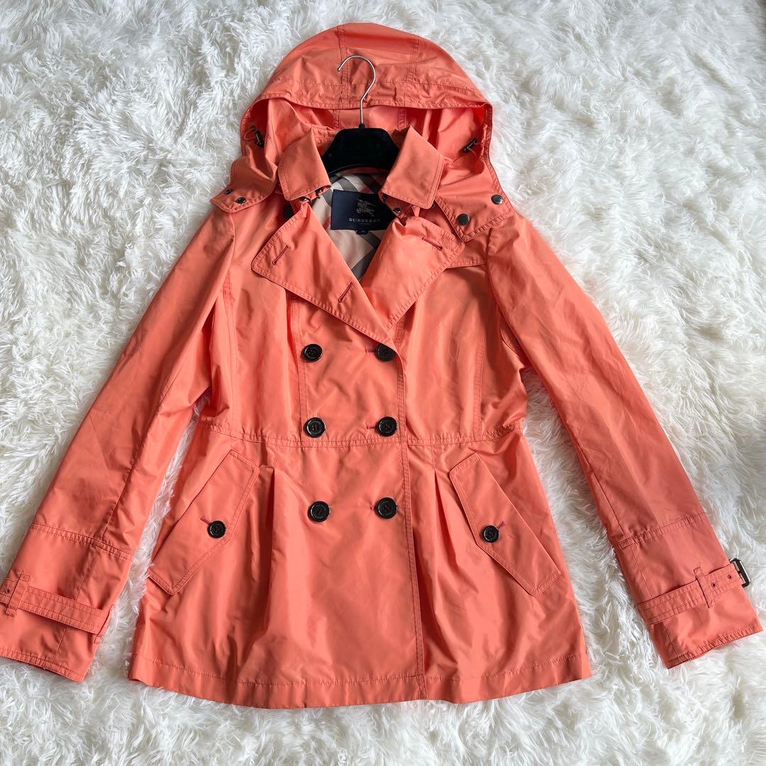 極美品　バーバリー　撥水加工　オレンジ　多機能ハーフコート　ベルト　フード