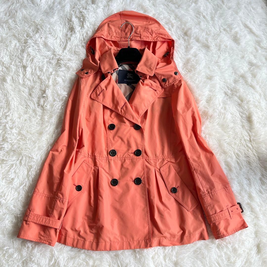 極美品　バーバリー　撥水加工　オレンジ　多機能ハーフコート　ベルト　フード