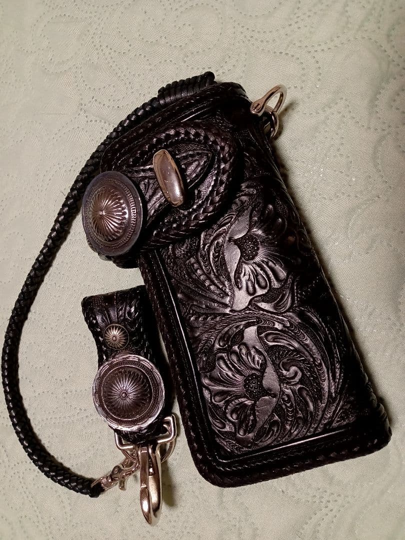 ★mamakin カービングウォレットカスタム革レザー/革フック＆ループコンチョ