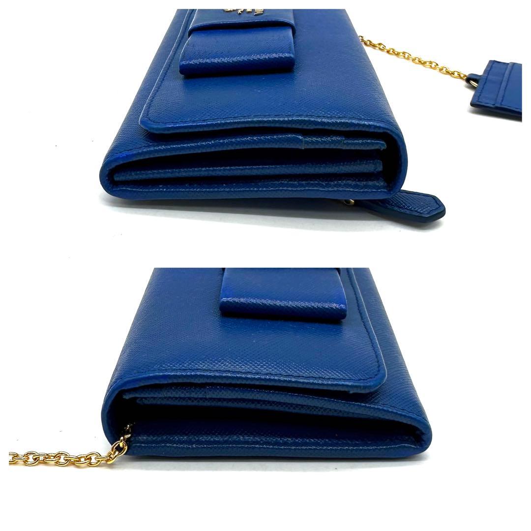 パスケース付き✨プラダ 二つ折り長財布 サフィアーノレザー ゴールド金具 ブルー
