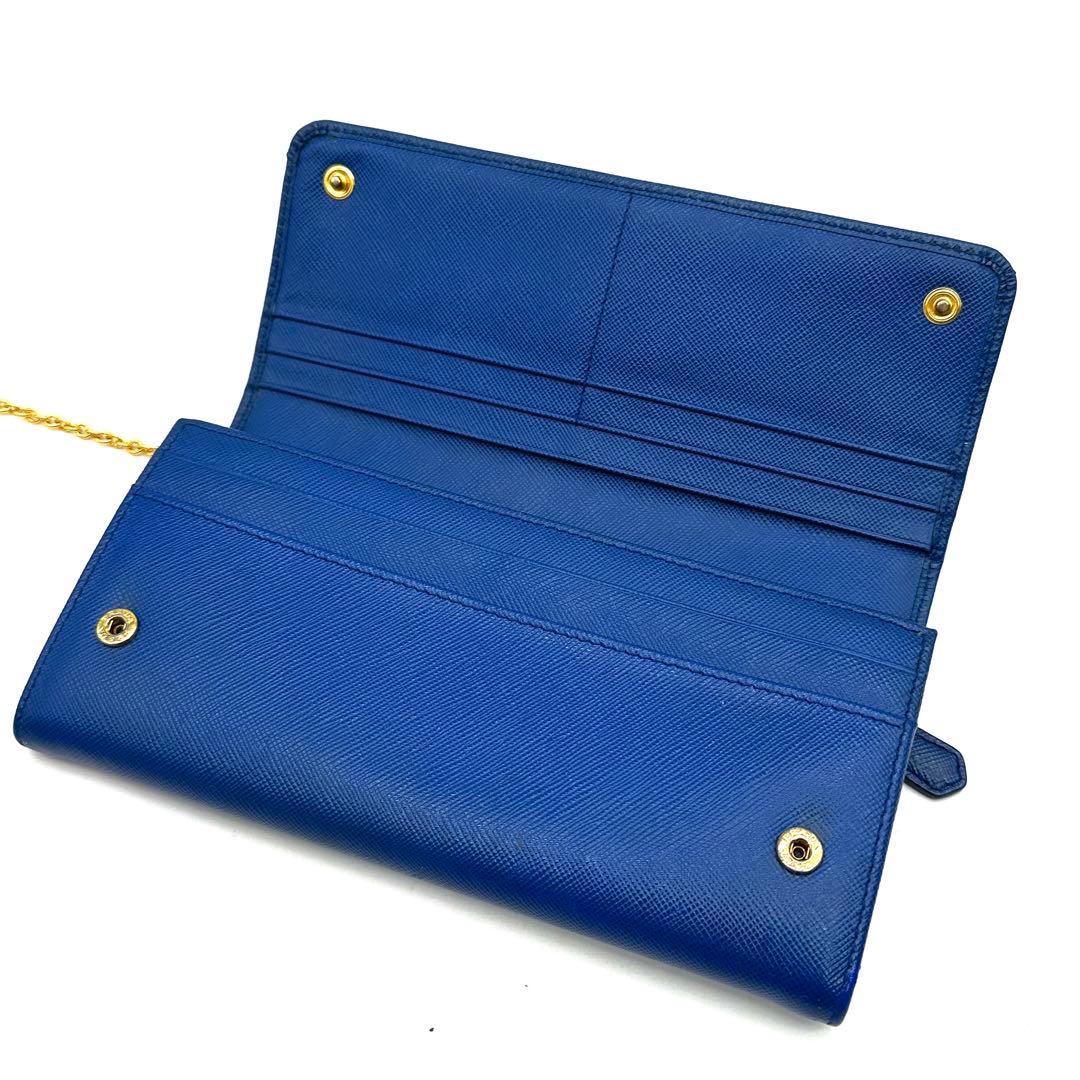 パスケース付き✨プラダ 二つ折り長財布 サフィアーノレザー ゴールド金具 ブルー