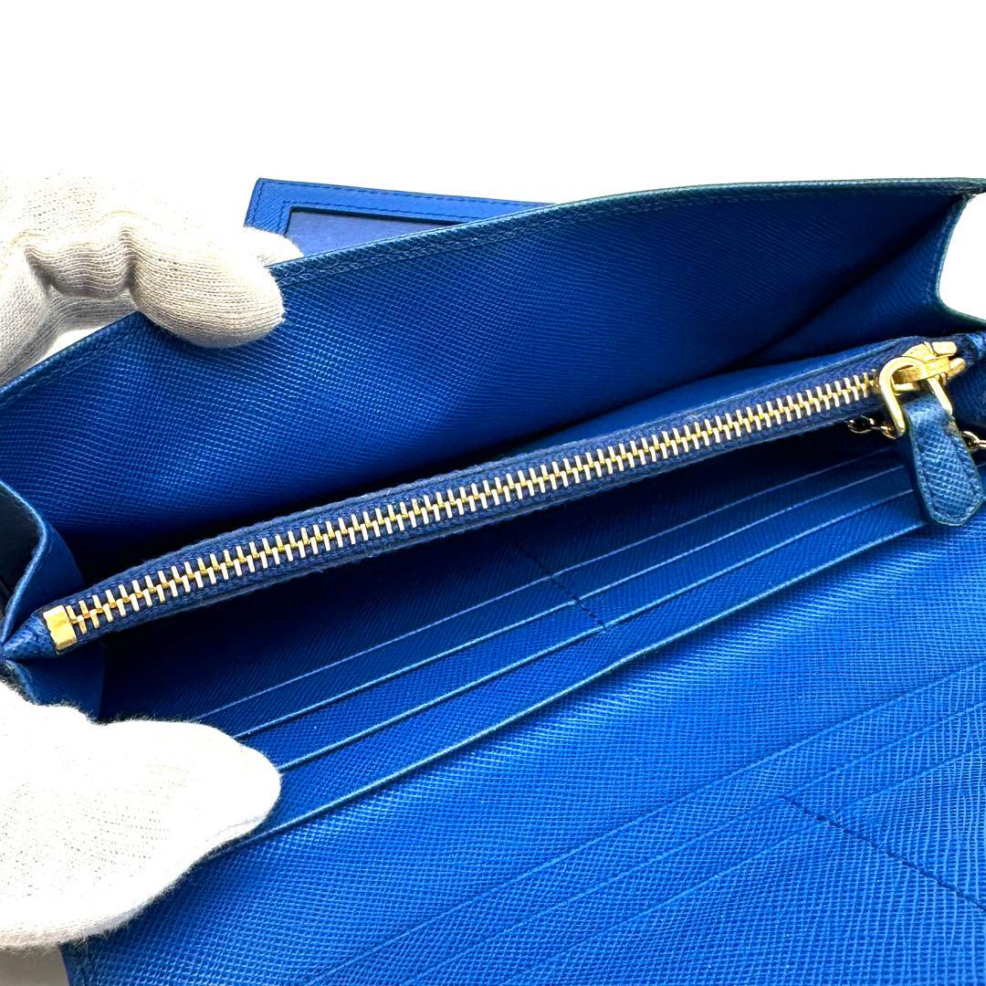 パスケース付き✨プラダ 二つ折り長財布 サフィアーノレザー ゴールド金具 ブルー
