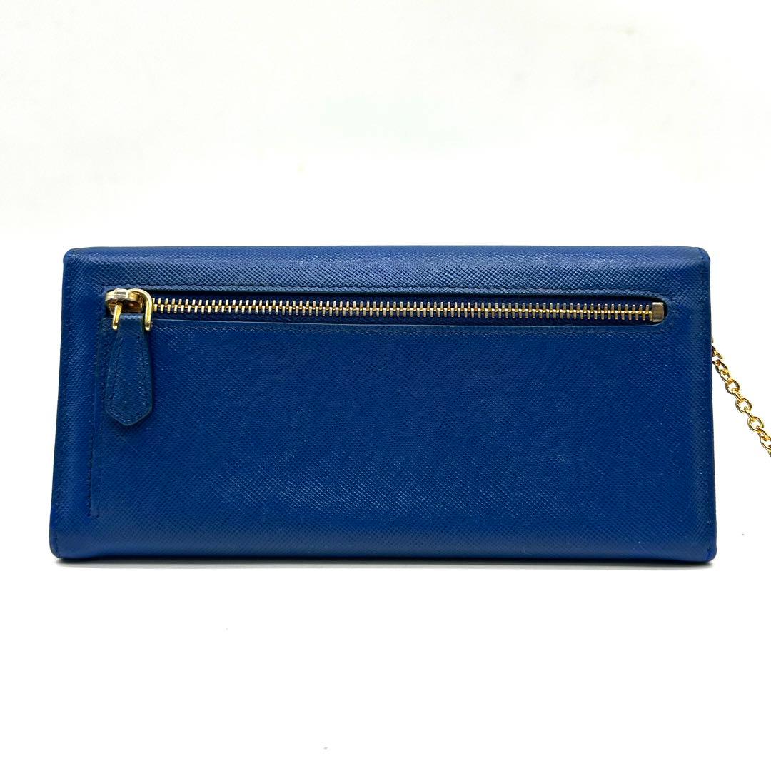 パスケース付き✨プラダ 二つ折り長財布 サフィアーノレザー ゴールド金具 ブルー