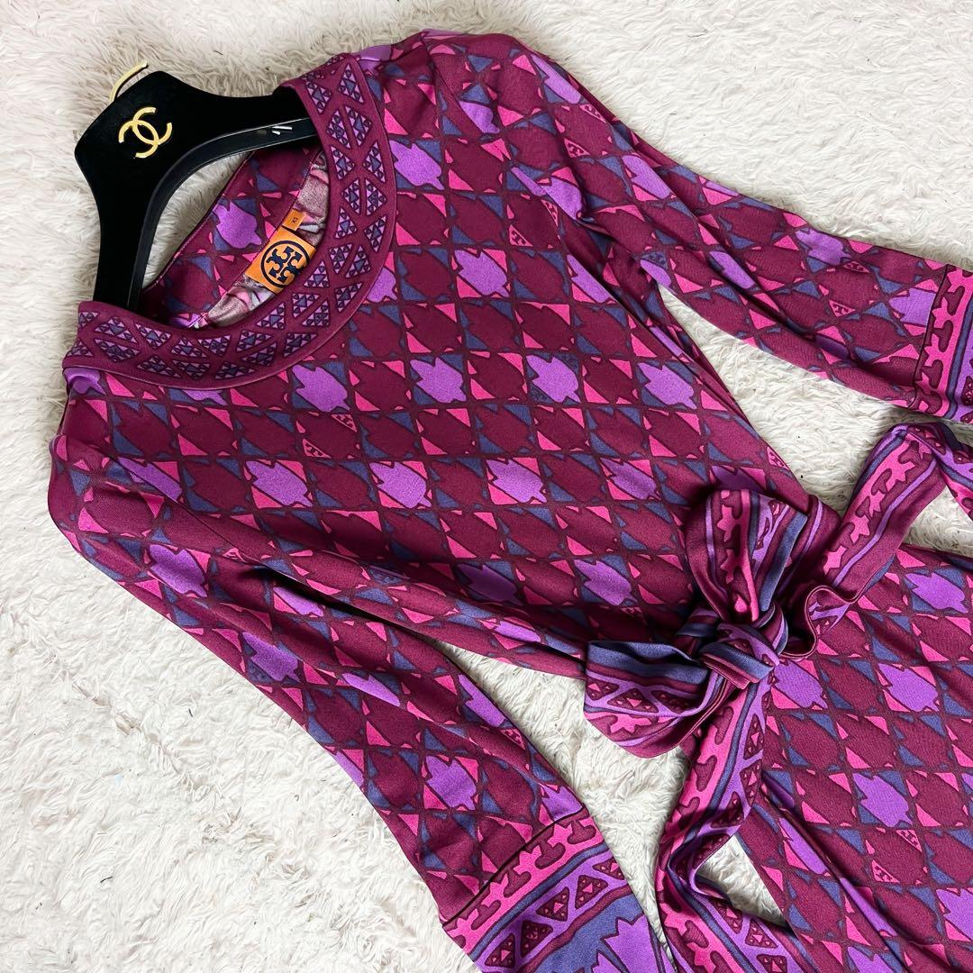 トリーバーチ シルク ワンピース Aライン 総柄 ピンク リボンベルト XS