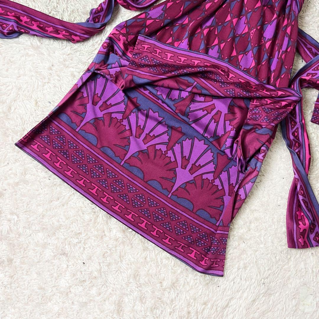 トリーバーチ シルク ワンピース Aライン 総柄 ピンク リボンベルト XS