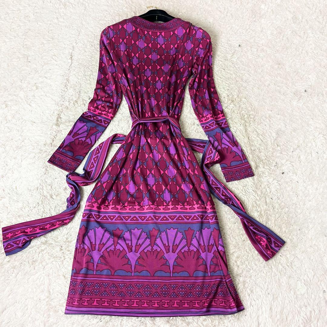 トリーバーチ シルク ワンピース Aライン 総柄 ピンク リボンベルト XS