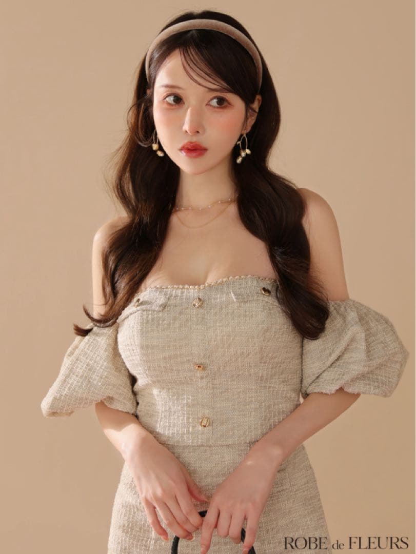 ROBE de FLEURS ニットツイードオフショルセットアップタイトミニ