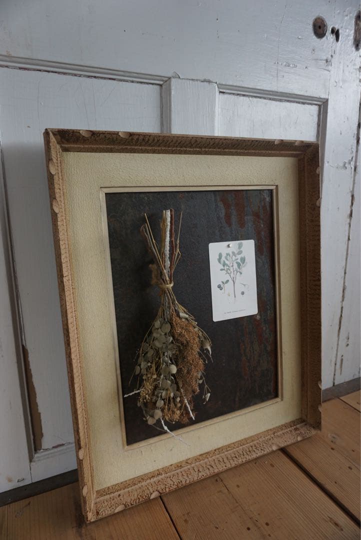 アンティークの木製フレームのブリキサインボード　看板　店舗什器　額縁　古道具