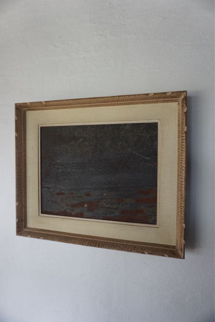 アンティークの木製フレームのブリキサインボード　看板　店舗什器　額縁　古道具