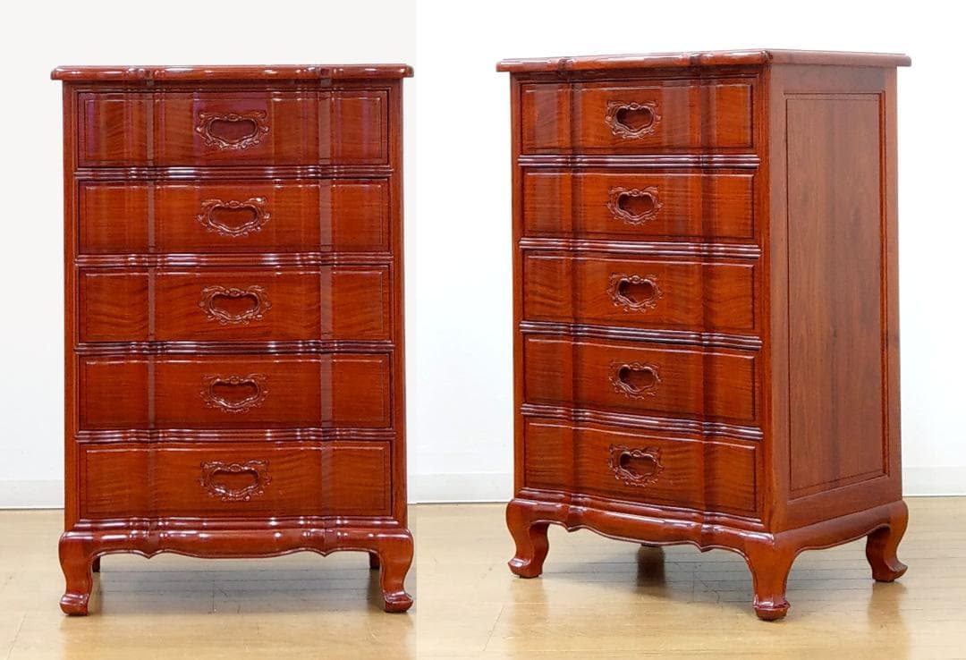 美品 西洋 アンティークデザイン 木製 花梨 彫刻 猫足 チェスト キャビネット