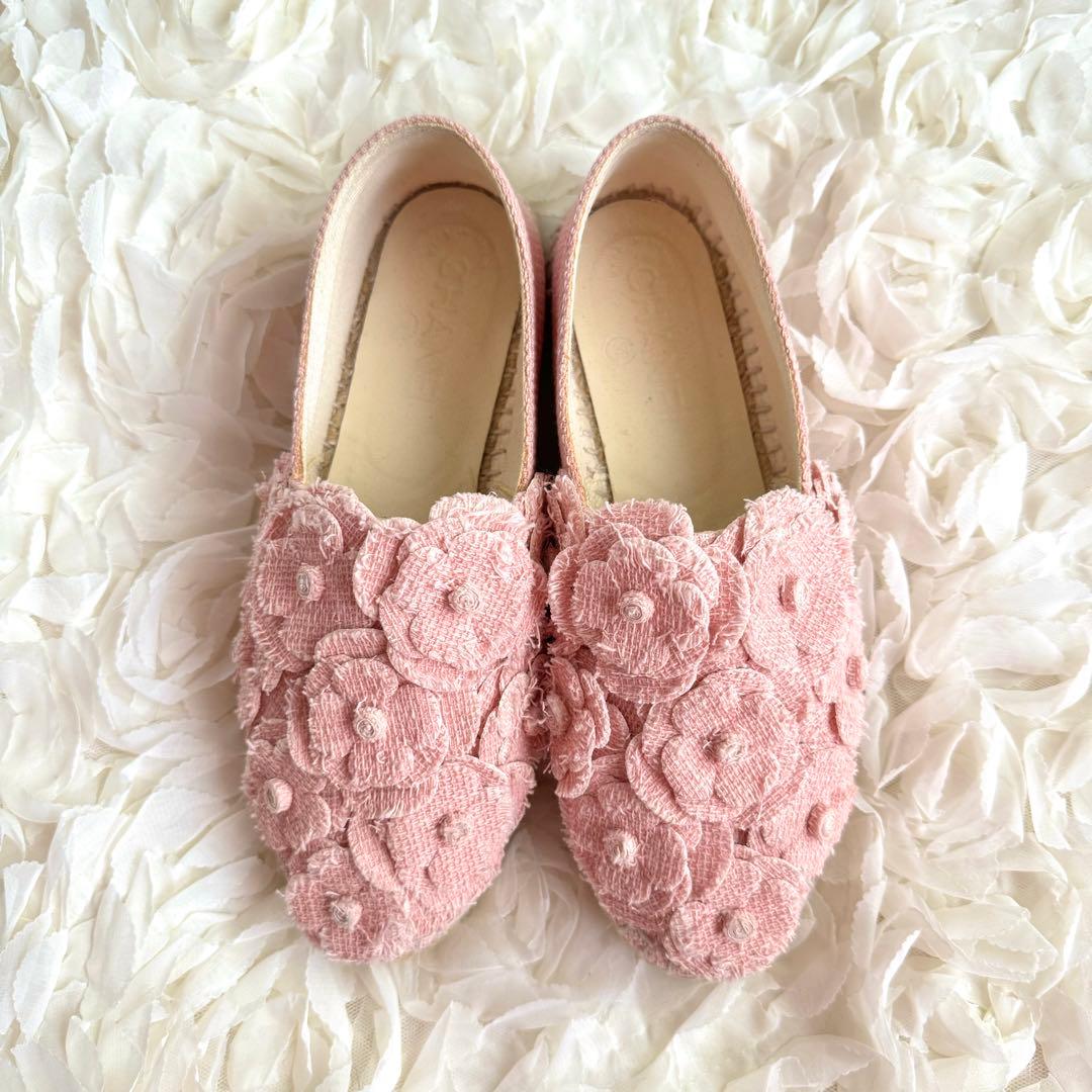 美品　CHANEL カメリア エスパドリーユ ツイード ピンク 36