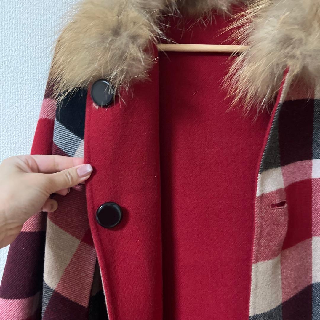 チェック柄　ポンチョ　リバーシブルファー付き　ブルーレーベル　BLUElabel