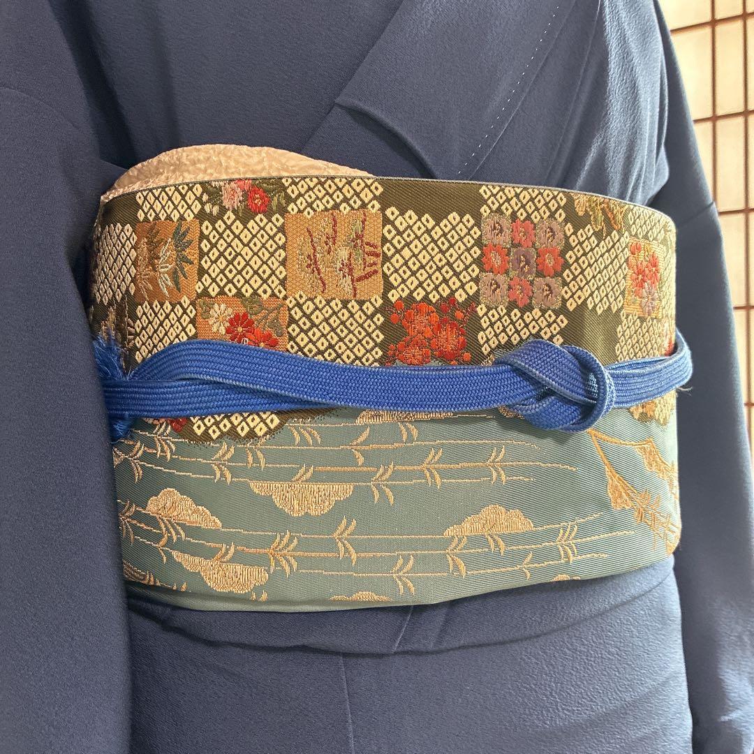 色無地　フルセット　着物　正絹　一つ紋　ブルー系　G4