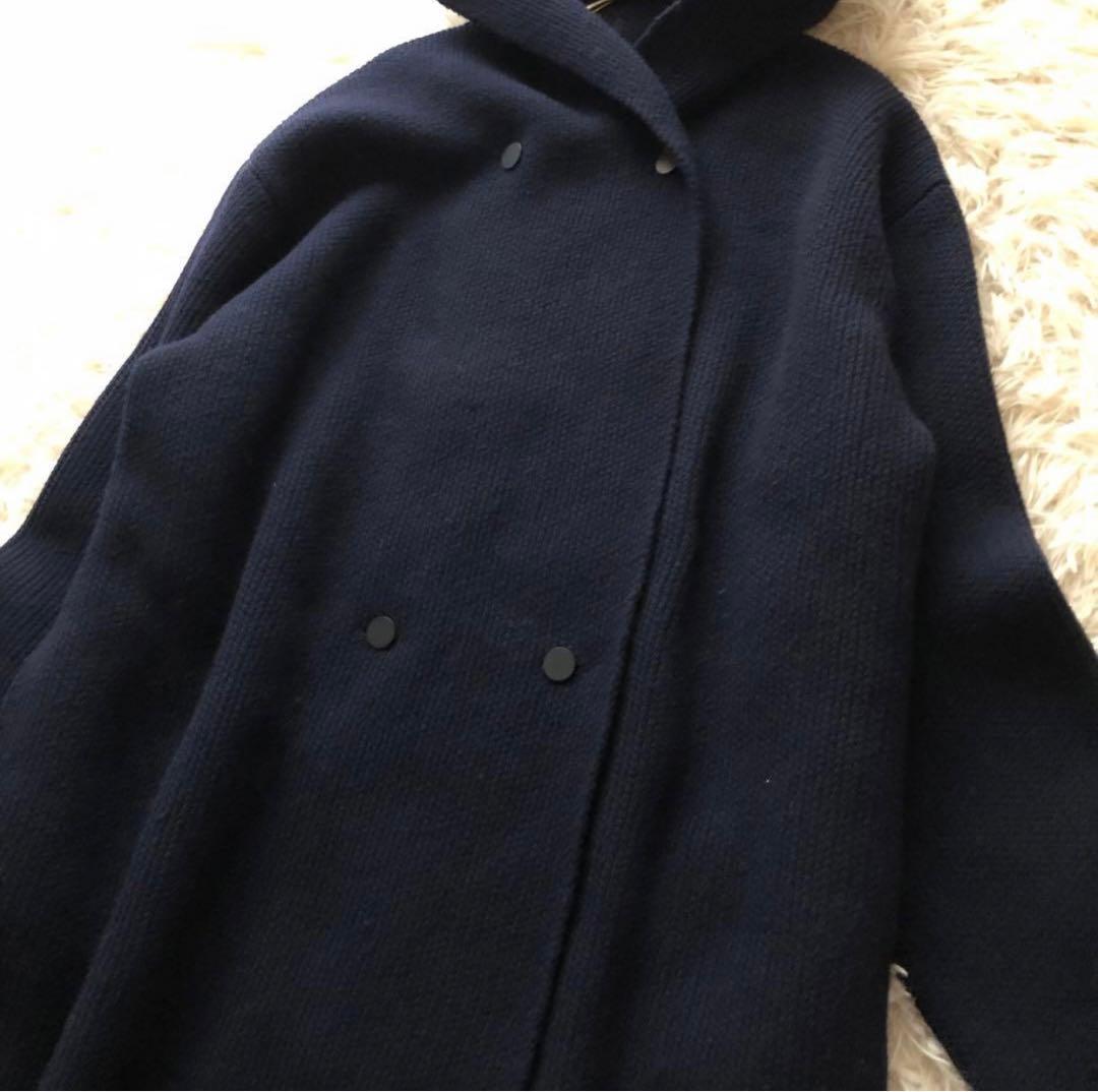 美品✨ベイジ【4】ニットロングフーディーコート　　ダブルプレスト　ネイビー XL