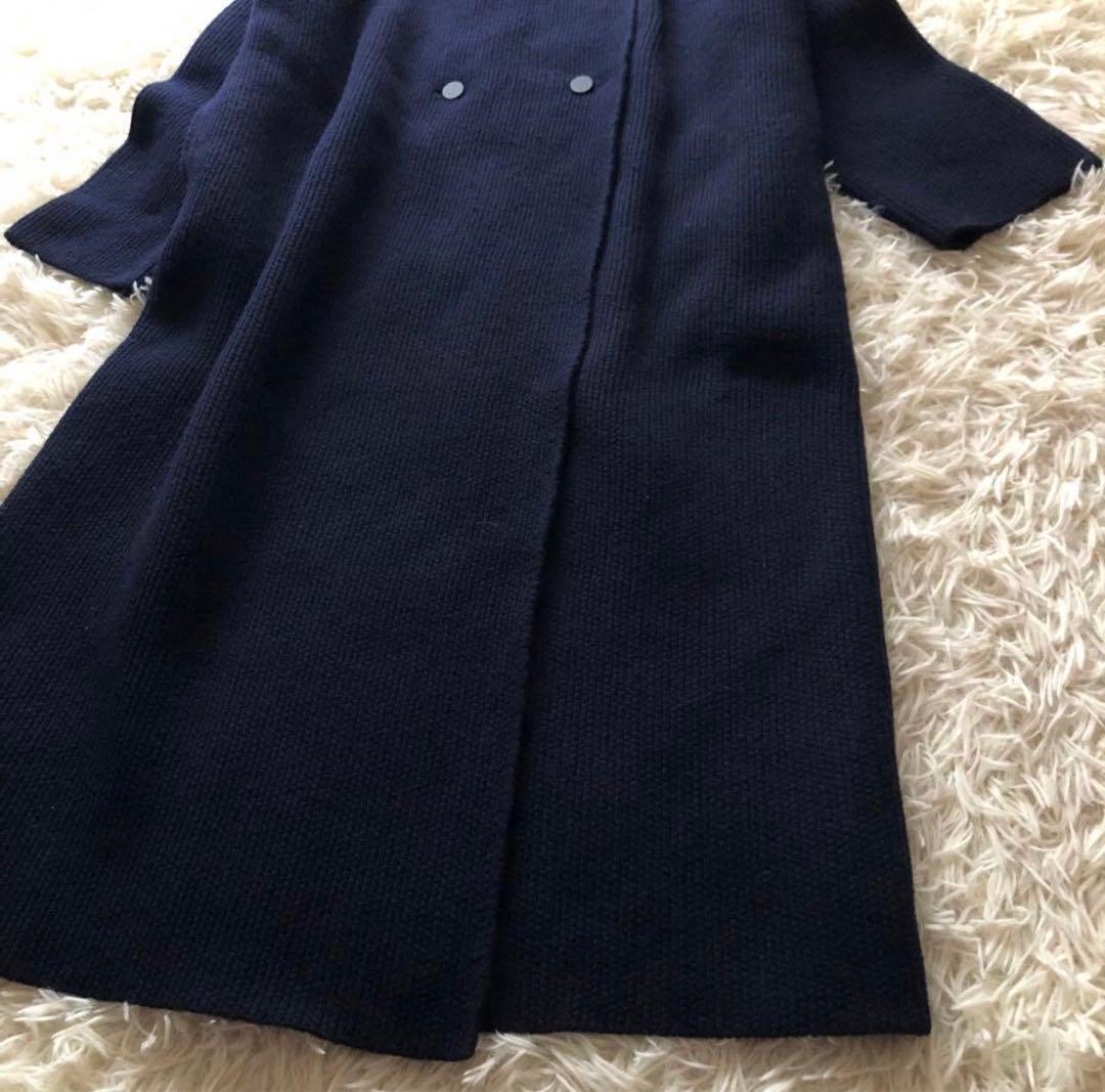 美品✨ベイジ【4】ニットロングフーディーコート　　ダブルプレスト　ネイビー XL