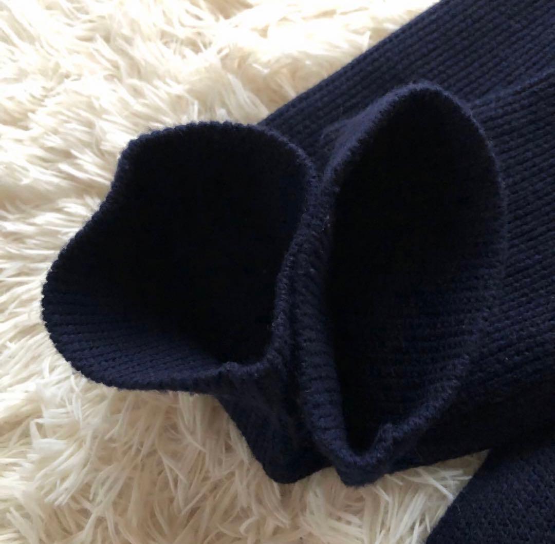 美品✨ベイジ【4】ニットロングフーディーコート　　ダブルプレスト　ネイビー XL