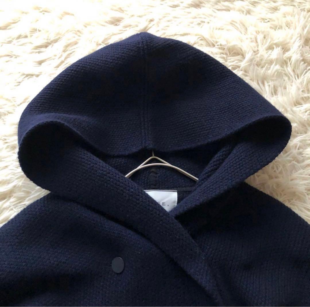 美品✨ベイジ【4】ニットロングフーディーコート　　ダブルプレスト　ネイビー XL