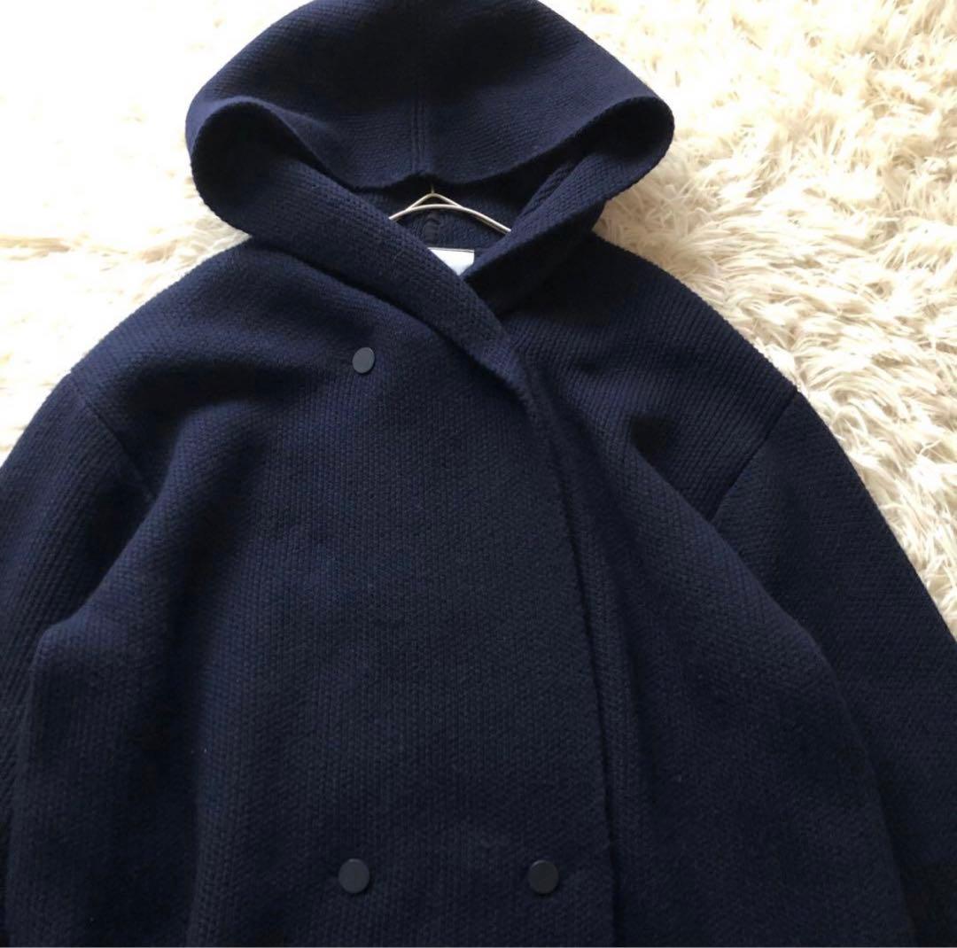 美品✨ベイジ【4】ニットロングフーディーコート　　ダブルプレスト　ネイビー XL