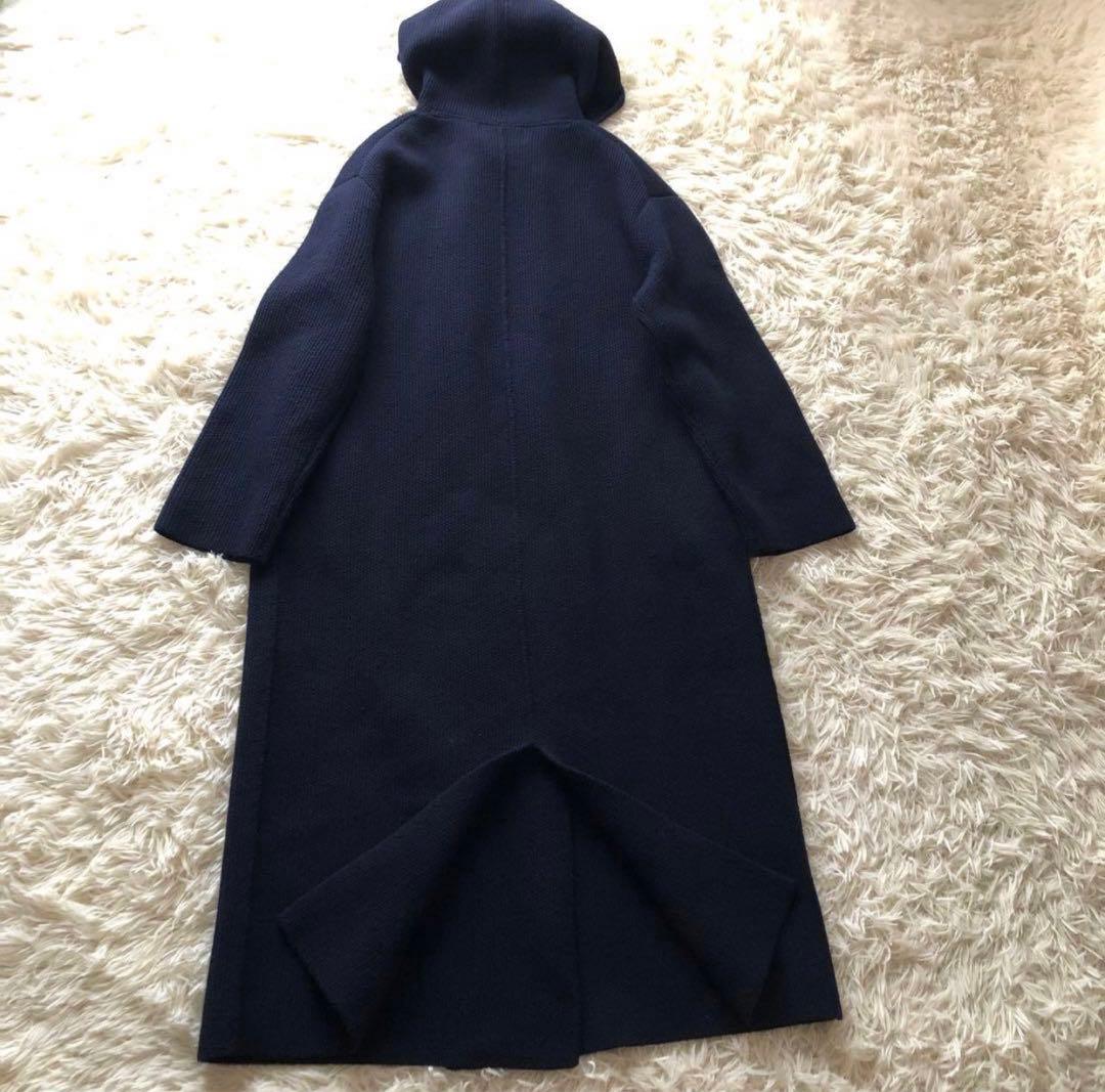 美品✨ベイジ【4】ニットロングフーディーコート　　ダブルプレスト　ネイビー XL