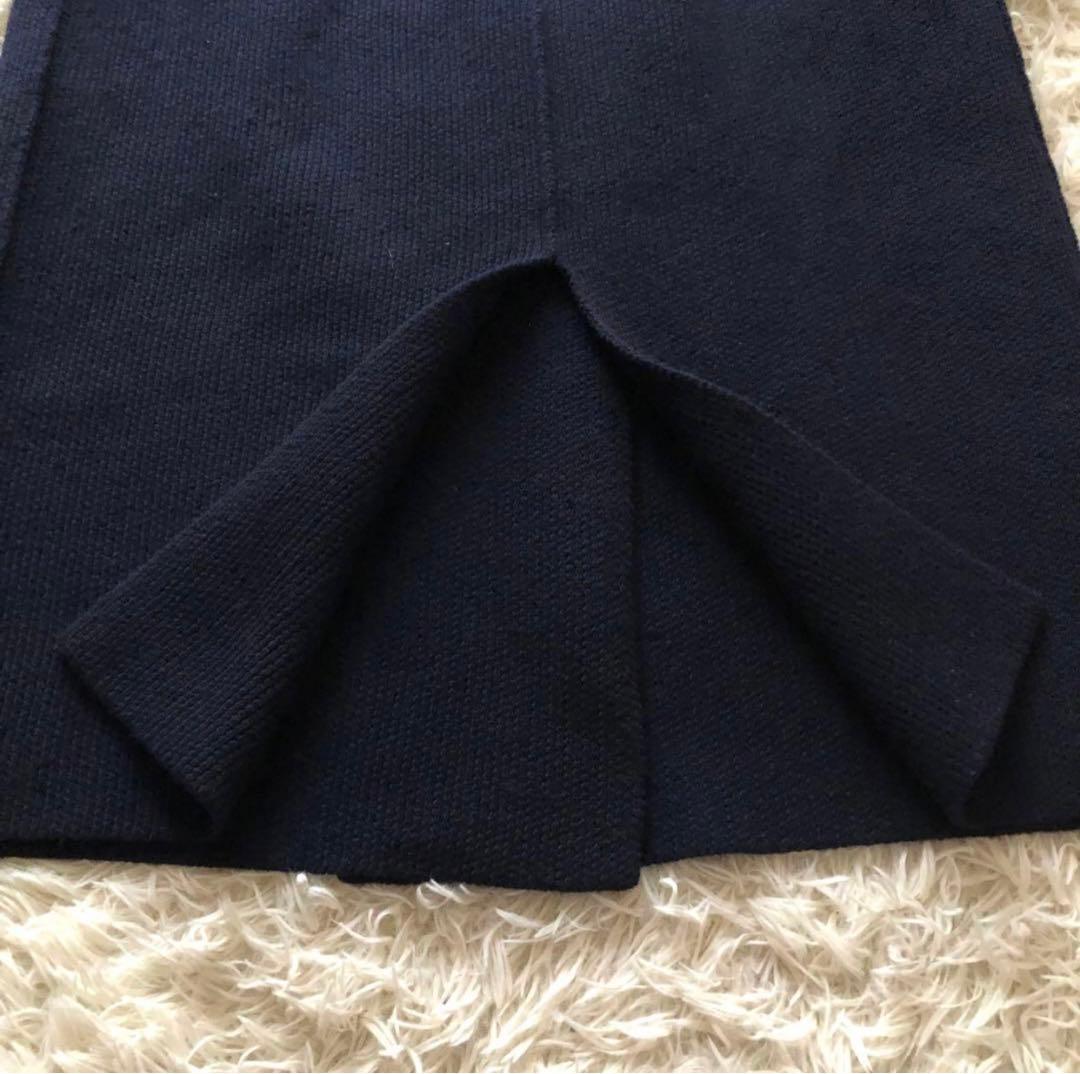 美品✨ベイジ【4】ニットロングフーディーコート　　ダブルプレスト　ネイビー XL