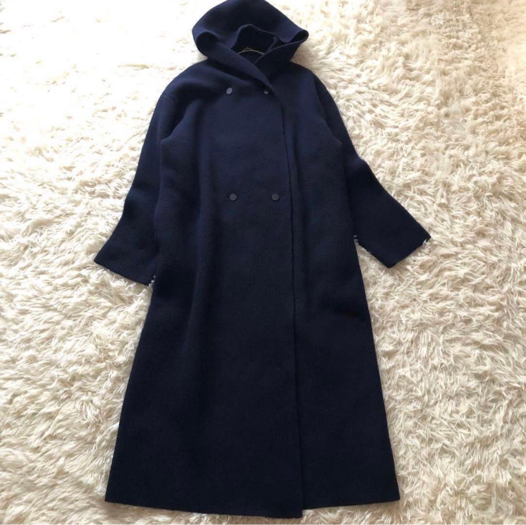 美品✨ベイジ【4】ニットロングフーディーコート　　ダブルプレスト　ネイビー XL