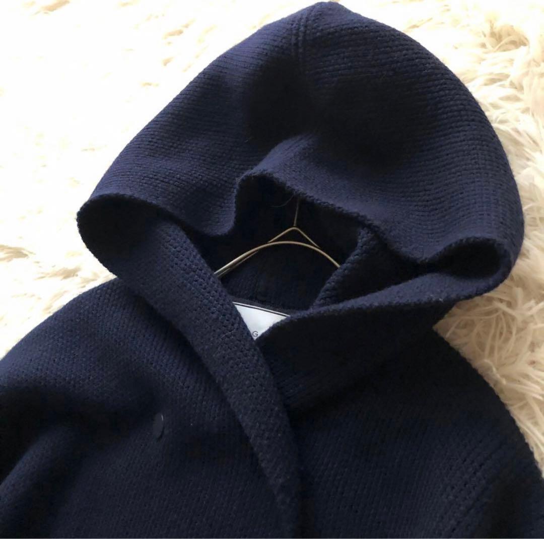 美品✨ベイジ【4】ニットロングフーディーコート　　ダブルプレスト　ネイビー XL