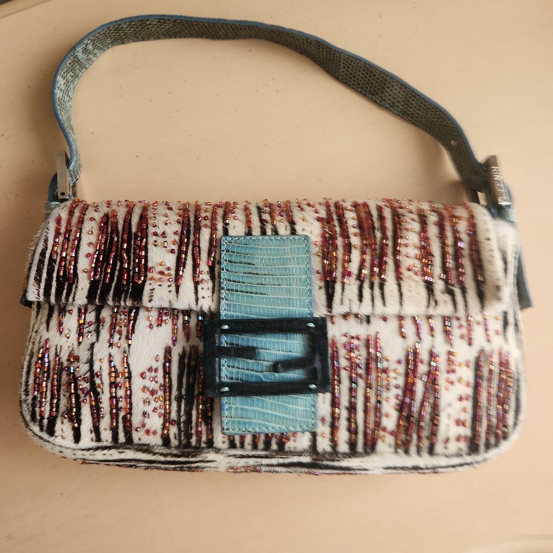 レア FENDIハラコ ビーズ装飾 パイソンショルダー バケットバッグ