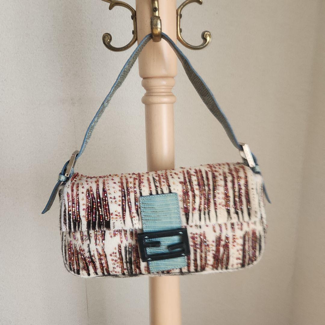 レア FENDIハラコ ビーズ装飾 パイソンショルダー バケットバッグ