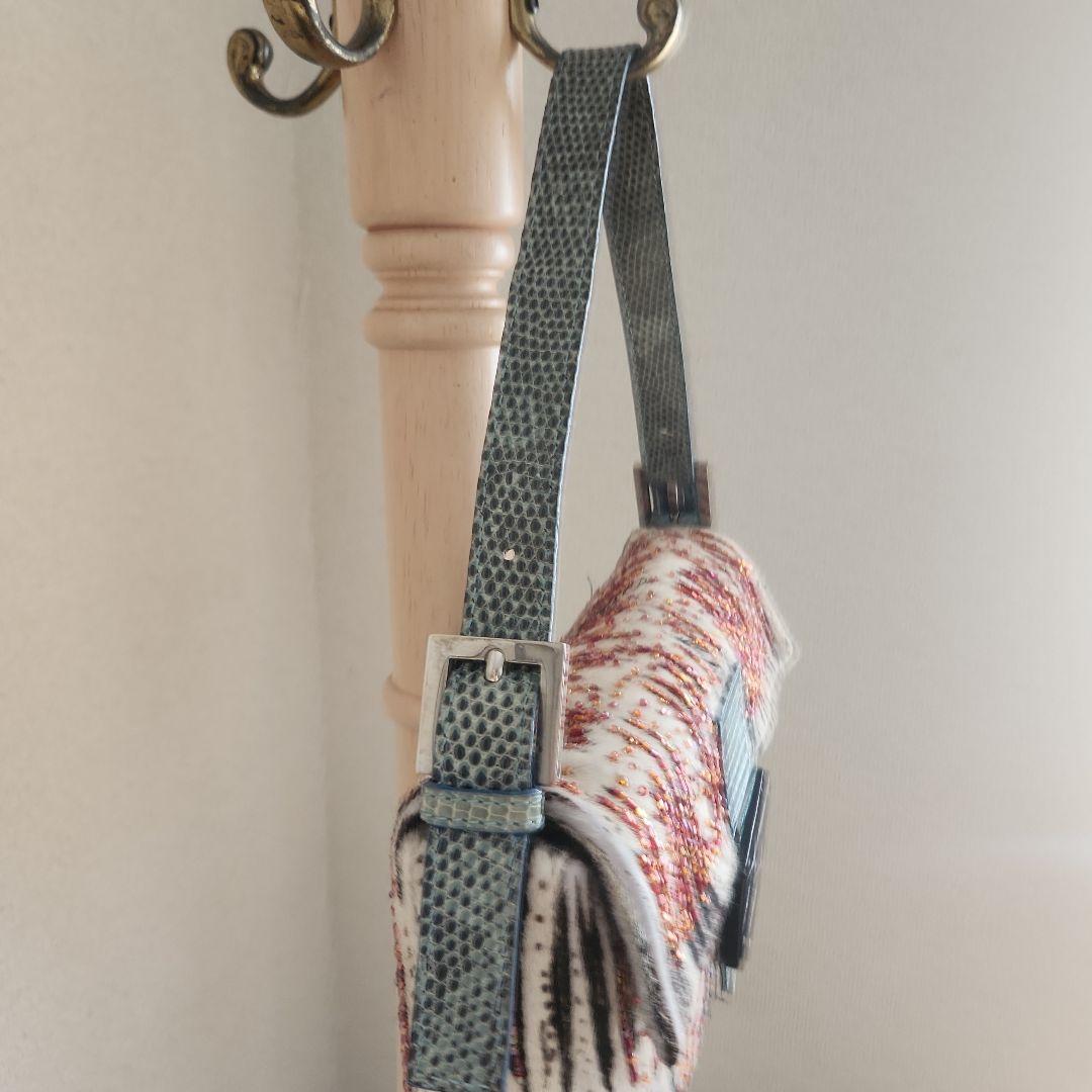 レア FENDIハラコ ビーズ装飾 パイソンショルダー バケットバッグ