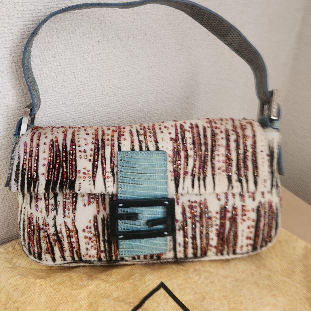 レア FENDIハラコ ビーズ装飾 パイソンショルダー バケットバッグ