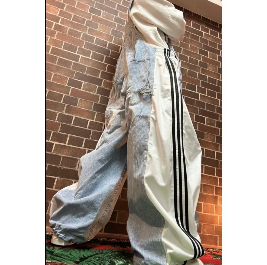 magoo リメイク 古着デニム✕ラインジャージ ドッキングオーバーオール