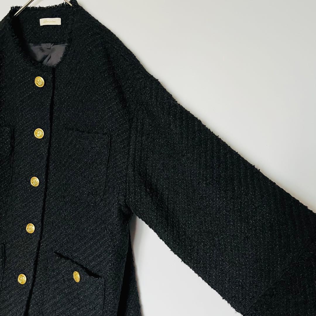 Loungedress ツイードジャケット ブラック ノーカラー 金ボタン