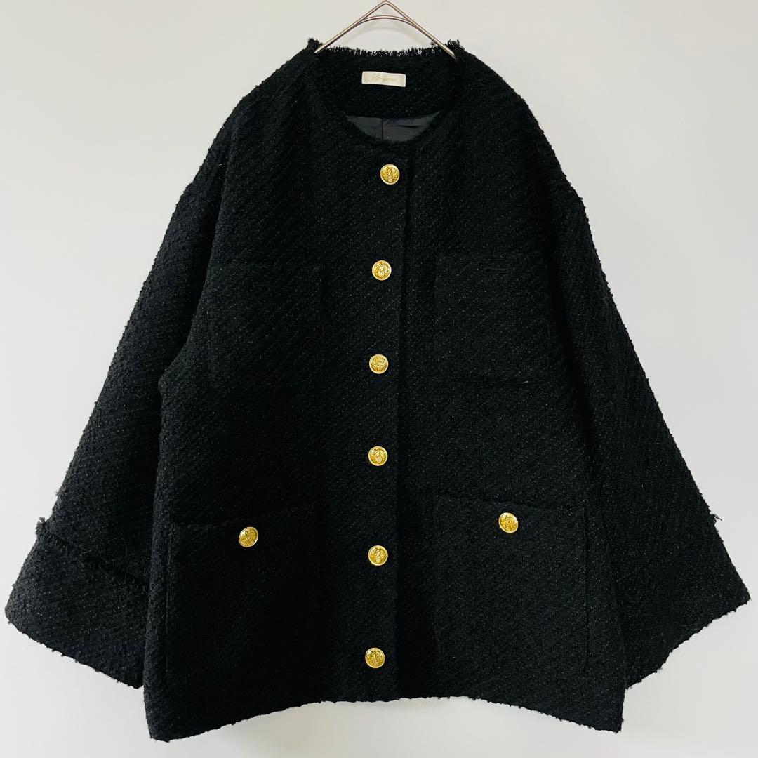 Loungedress ツイードジャケット ブラック ノーカラー 金ボタン