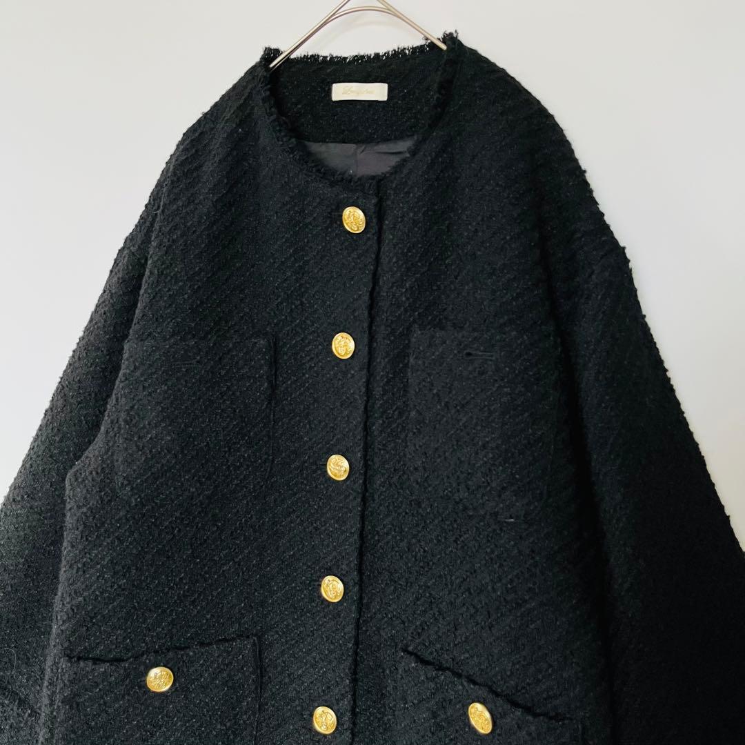 Loungedress ツイードジャケット ブラック ノーカラー 金ボタン