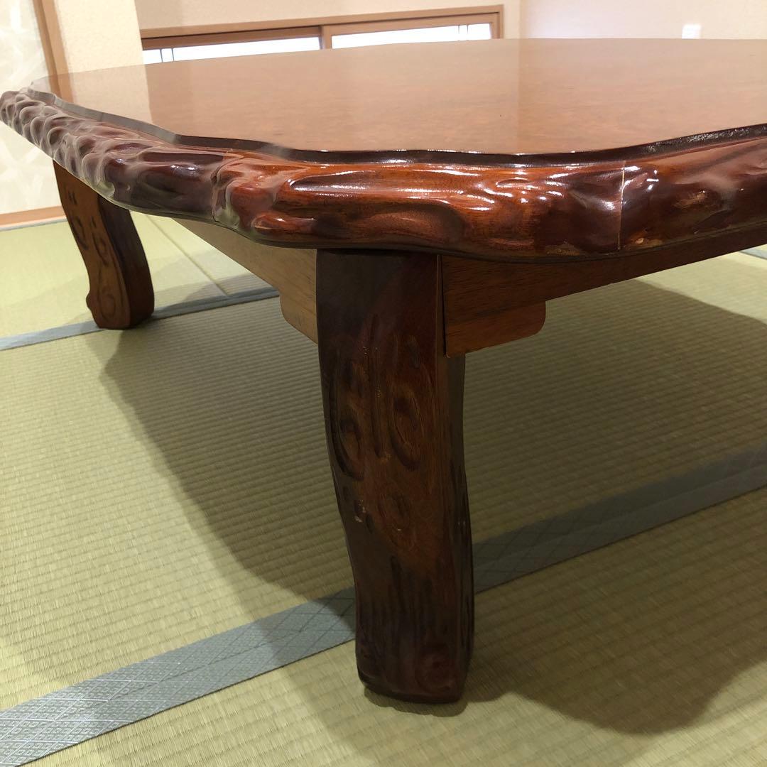 木製楕円形座卓 彫刻入り　 机　折りたたみ可能