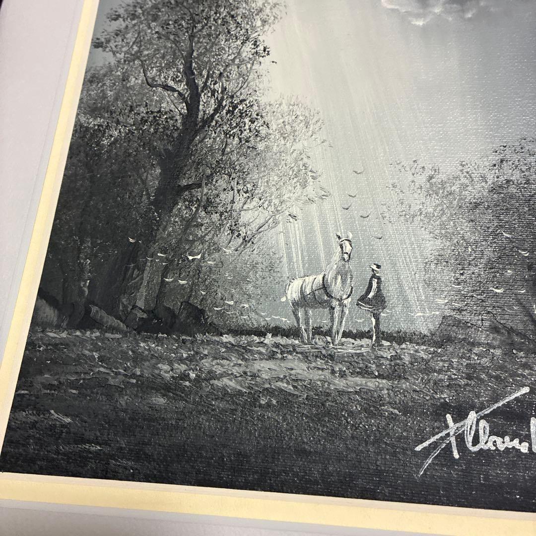 フランス　クロード•パトリック　油絵　幻想的　森の中の白馬と少女