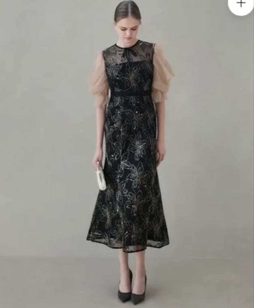 LEJA スパンコールフラワーリボンチュールワンピースドレス