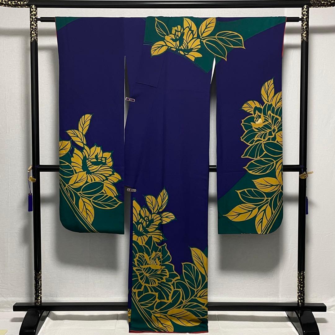 D768 振袖　大牡丹　金彩　正絹　着物　袷　極美品