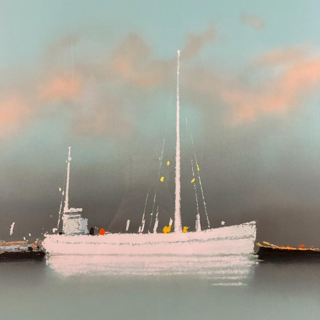 ピエール・ドートルロー「ローズ色の空と白い舟」リトグラフ 直筆サイン入り 額装